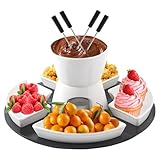 Chingcoo Keramik Schokoladenfondue Set, Keramik Schokoladen Fondue mit Holzpalette 4 Gabeln 4 Tellern, Käsefondue, Schokoladenschmelztopf Teelichtfondue für Süßigkeiten, Käse, Karamell