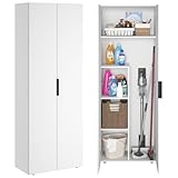 Bellamio Lurio Mehrzweckschrank – weißer Besenschrank aus Holz mit schwarzem Griff – Flurschrank mit 5 Fächern inkl. Staubsaugerfach – Haushaltsschrank – Vorratsschrank – Putzschrank 176 x 33 x 60  cm