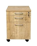 Furni24 Rollcontainer, abschließbarer Aktenschrank mit Schubladen, Büroschrank mit Rollen, für Akten und Dokumente, fürs Büro, Schreibtischcontainer Holz, 3 Schübe Eiche, 43x59x57h
