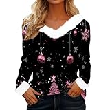 Hässlicher Weihnachtspullover Damen V-Ausschnitt Langarmshirt Mit Plüsch Weihnachtsbaum Weihnachten Sweatshirt Weihnachtsbaum Druck Weihnachtspulli Christmas Festliche Blusen Lustig Oberteile