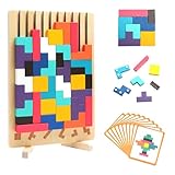 TNSLAND Tetris Holzspiel Knobelspiele Montessori Lernspielzeug Spielzeug Holzpuzzle Blöcke Stapelspiel Holzspielzeug Stapelpuzzle 3D Puzzle mit 10 Karten Geschenk