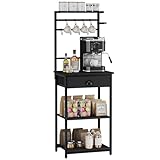 YMYNY Küchenregal, Bäckerregal, Kaffee Organizer, Kaffeebar, 5 Regalebenen, 8 Haken, Stoffschubladen, Stahlrahmen, 43 x 33 x 134.5 cm, für Küche, Wohnzimmer, Schwarz HBR009B