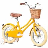 Glerc 14 Zoll Kinder Mädchen Fahrrad für 3 4 5 Jahre alt kleine Mädchen Retro Vintage-Stil Fahrräder mit Korb Training Räder und Glocke, Gelb