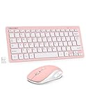 TECKNET Kabelloses Tastatur Maus Set, Deutsch QWERTZ Layout, 2.4 GHz Funk Mini Tastatur Mouse, 15m Reichweite Verbindung, Wireless Leise Funktastatur mit Maus für PC, Laptop, Smart TV, Rosa