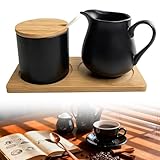 Milch Und Zucker Set, Milch Und Zucker Set Mit Deckel Und Löffel, Zuckerdose Mit Deckel, Zuckerdose Milchkännchen Set, Frühstücksset, Zucker Und Milch Set Geeignet für Zuhause, Restaurant(Schwarz)