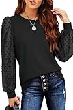 Teesho Damen Langarmshirt Elegant Oberteile Spitze Ärmel Blusen Herbst Shirts Basic Tops Tunika(schwarz/L)