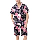 DUHENWU Hawaii Kleidung Herren Totenkopf Bedrucktes Strand Outfit Baggy Bequeme Freizeitanzug Weich Bequeme Sportanzug Mit Hemd Und Kurz Hose Komplett Set Schnelltrocknende Luftig Laufanzug
