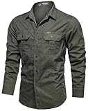 PADOLA Hemd Herren Baumwolle Hemden Langarm Slim Fit Cowboyhemd Stehkragen Westernhemd Taktisches Hemd Outdoor Arbeitshemd Safarihemd Einfarbige Freizeithemden (1 Armeegrün, 2XL)