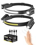 Stirnlampe LED Wiederaufladbar, 1200LM 90°Dual Einstellbar Scheinwerfer & 230°COB Superhell Kopflampe, 5-Modi mit Sensor, IPX5 Wasserdicht, 12 Stunden Laufzeit, Leichte Scheinwerfer für Camping(2 PCS)