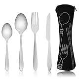 Besteck-Set mit tragbarer Tasche, Edelstahl-Besteck, Campingutensilien-Set mit Neopren-Tasche für Outdoor, Reisen, Picknick, Büro, Schule, Lunchbox, 4-teilig