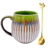 inheming Kaffeetasse aus Keramik, 500ml Kaffeetasse Groß, Handgefertigte Kaffeetassen aus Porzellan, Vintage Tee Tasse Latte Tassen becher Teegläser mit Blattgold-Löffel (Grün)