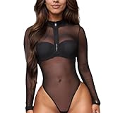 EMOTTOS Damen Sexy Durchsichtiger Mesh Bodysuit, Slim Fit Trikot mit V-Ausschnitt, Slim Fit Einteiler Clubwear mit Frontreißverschluss für Club Party, Schwarz, M