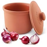 Römertopf Zwiebeltopf MAXI Terrakotta, 2,8 Liter, Ø 21 cm, belüfteter Keramik-Vorratstopf mit 3 Lüftungslöchern, spülmaschinengeeignet, zur Aufbewahrung von Zwiebeln & Gemüse aus Naturton