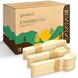 greenli® Einwegbesteck Set - 150 Holzgabeln, Holzmesser und Holzlöffel - Nachhaltiges Holzbesteck Einweg