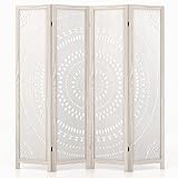 Giantex Raumteiler, 4 Paneele, Boho-Raumteiler mit geschnitztem Muster und Massivholzrahmen, faltbarer Sichtschutz für Schlafzimmer, Büro, Trennwandteiler für Raumtrennung, verwaschenes Weiß