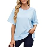 Sommer-Kurzarm-Tops für Damen, Rundhalsausschnitt, locker, leicht, weich, dehnbar, einfarbig, Pullover, Sweatshirt, lässig, niedlich, bequem, dünn, Loungewear, Himmelblau