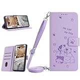Kainevy Handyhülle für iPhone 15 Plus Hülle mit Band Kartenfach Standfunktion, Magnet Schnalle Klapphülle Brieftasche PU Leder Stoßfest Schutzhülle Flip Süße Katze Case Lila (Lila)