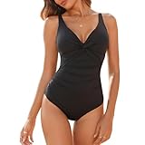 loginsummer Badeanzug Damen Bauchweg, Einteilige Push Up Bademode mit V Ausschnitt, Rüschen Schlankheits Monokinis, Große Größe Badebekleidung（HS,EU40）