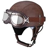 BDTOT Retro Motorrad Halbhelme Leder Halbhelm Deutscher Stil Roller Cruiser Chopper Anti-Collision Helm Abnehmbarer Gehörschutz mit Visier ECE Zertifiziert Roller-Helm Scooter Mofa-Helm, M=57~58cm