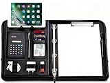 WONSEFOO Schreibmappe A4, mit Taschenrechner, Leder Ringbuch Dokumententasche, Große Fächern, Faltbaren Magnetgriffen, Tablet & Smartphone Halterung 5 Kartenfächer Notizblock Wasserdicht