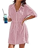 Damen Strandkleid V Ausschnitt 3/4 Ärmel Beachwear Bikini Cover Up Bluse V-Ausschnitt Strand Bademode Sarong Pareo Sommerkleid Vertuschen Shirt Tunika Kleider,Rosa