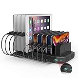 Alxum 60W Multi USB Ladestation 10 Ports mit QC 3.0 Ladestation Mehrere Geräte Schnelles für Mobiltelefon, Tablet, Schwarz