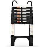 HBTower 3,8m Teleskopleiter Aluminium mit Haken, Leichte Ausziehleiter, Leiter Ausziehbar, klappbare Leiter für Dachböden, Caravans, 150kg Tragfähigkeit, Schwarz