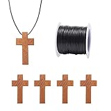 nbeads 50 Stück Holzkreuz Anhänger Mit 1 Rollen Gewachste Polyester Schnur Für DIY Kreuz Charms Natürliche Holzkreuz Party Handwerk DIY Schmuck Projekte