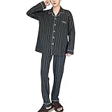 Pyjama Herren Baumwolle lang, Schlafanzug Herren Winter Langarm Reverskragen Oberteil und Hose Lang Zweiteiliges Nachtwäsche Pyjama Knopfleiste Kariert Hausanzug Set Pijamas Basic, Dunkelgrau, M
