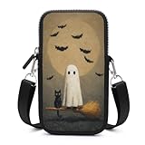 Niedliche Geister-Katze, die auf Besen sitzt, Crossbody-Tasche, Smartphone-Tasche mit verstellbarem Riemen