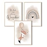 MeinBaby123® I Bilder Kinderzimmer | 3er Set DIN A4 | Wandbilder | Kinderzimmer Poster | Deko Bilder Kinderzimmer Mädchen und Jungen | Babyzimmer Deko (Luftballon & Fuchs beige)