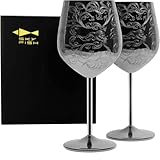 SKY FISH Weingläser aus Edelstahl, Schwarz Weinkelche 2 Stück, Geätzt mit Aufwendigen und Barock-Gravuren, Königlicher Stil, Weinbecher, 480 ml, Handwäsche