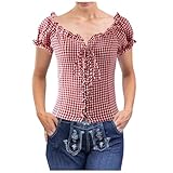 Generisch Trachtenbluse Damen Bluse Rot/Weiss Kariert Traditionelle Taillierte Trachten mit V-Ausschnitt Kurzarm, Moderne Bayrische Karierte Bluse Oktoberfest Outfit Dirndlbluse S-XL