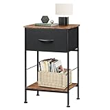 WLIVE Nachttisch, Beistelltisch mit Stoffschublade und Ablage, Nachtschrank Schlafzimmer mit Metallrahmen, für Wohnzimmer, Vintagebraun-Schwarz