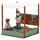 AIYAPLAY Sandkasten mit Dach, 116 x 112,5 cm Sandkiste aus Holz Sandbox mit Sitzfläche, 2 Behältern, Sand- und Wasserspielzeug, Eimer mit Wasserhahn für 3-6 Jahre Kinder Grün