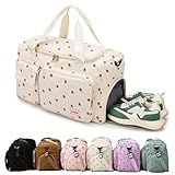 Aikelai Cord Erdbeer Sport Duffel Bag, Gym Bag mit Schuhfach für nasse Tasche, niedliche Reisetasche Weekend Bag Tanztasche für Mädchen (weiß, 48x27x24 cm)