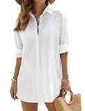 Vancavoo Strandkleid Damen Sommer Strandbluse Strandhemd V-Ausschnitt Strandtunika Lose Button-Down Strandponcho Longbluse Bikini Cover Up,Weiß,XL