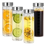 DUBUOZA 4er Glasflaschen 500ml mit Edelstahl Deckel,Smoothie Gläser Sets mit Messskala,Wiederverwendbar Glaswasserflasche,Smoothie Becher to go für Säfte, Smoothies, Kaffee, Milch, Tee