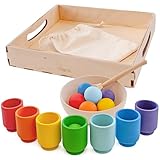 Ulanik Regenbogen Bälle in Tassen Kleinkinder Montessori Spielzeug ab 1 Jahr + Baby Sensorik Bälle Holzspiele zum Zählen und Sortieren Farben Lernen — 7 Kugeln