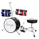 Lexington Kinderschlagzeug 3 PC, Schlagzeug Set für Kinde mit Snare, Tom, Bass Drum, Bass Drum Pedal, Thron, Becken, Drumsticks, Schwarz, Blau, Rot