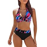 Zweiteiliger Badeanzug für Damen, hohe Taille, V-Ausschnitt, Bikini-Set, flacher Bauch, sexy, Push-Up, Badeanzug, Strandurlaub, Hot Pink, Large