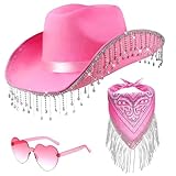 Nudorpn Cowgirl Set, Cowboy Hut mit Herzbrille und Schal Set, funkelnde Bling Hüte für Damen, Kostüm Zubehör für Karneval und Mottoparty
