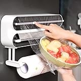 3 in 1 Frischhaltefolienspender, Magnetischer Folienspender mit Schneider, Abroller und Spender, Wandrollenhalter Küche, Folienschneider, Küchenrollenhalter Ohne Bohren, Schwarz