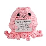 TOYMIS Positive Octopus, Mini Gestrickte Oktopuspuppe Lustig Positive Kartoffeln Gehäkelter Oktopus mit Ermutigungskarte Häkelpuppe Emotionale Unterstützung für Heimdekoration Geschenk (Rosa)