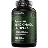 Schwarzer Maca-Komplex mit Zink, Vitamin B12, Ginseng, Bockshornklee, Vitamin B6, L, Arginin, Energiestoffwechsel, normale psykologische Funktion (EFSA), 180 Kapseln für 6 Monate. Nutravita
