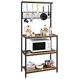 Yaheetech Bäckerregal, Küchenregal, 3 Ablagen aus Holz, Standregal mit Metallrahmen, Mikrowellenregal, 10 Haken, Aufbewahrungsregal, Industriestil, Vintage