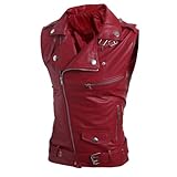 Herren Faux Leder Biker Ärmellose Jacke Vintage Asymmetrische Zip Motorrad Weste PU Leichte Punk Gürtel Jacke, Reda2, XL