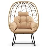 LIFEZEAL Rattansessel Outdoor, Loungesessel mit abnehmbarem Kissen, Korbsessel Eierstuhl mit Metallständer, Gartensessel Rattan für Balkon, Veranda, Terrasse (Beige)