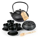 Lumaland Tee Set 12-teilig | 1,4 Liter Gusseiserne Teekanne Tetsubin | Stövchen aus Gusseisen | 4 Teebecher & 4 Untersetzer | Japanisches Teeset Inkl. Bambus Dosierlöffel & Edelstahl Sieb
