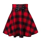 Generic Damen A-Line Rock Faltenrock Kariert Mädchen Plissee Röcke mit Schnürung Basic Mini Skirt